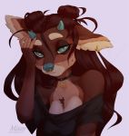  2019 5_fingers blue_eyes blue_nose breasts brown_fur brown_hair canid canine clothed clothing ear_piercing ear_ring eyelashes female fingers fur hair hi_res horn looking_at_viewer mammal missy_(artist) piercing solo 