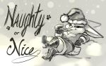  2018 anthro biped boots breasts candy candy_cane carrot_(artist) christmas clothing digital_drawing_(artwork) digital_media_(artwork) english_text food footwear front_view greyscale half-closed_eyes hat headgear headwear hi_res holidays lagomorph leporid looking_at_viewer lying mammal monochrome on_back rabbit santa_hat santa_suit snow solo suggestive text three-quarter_view 