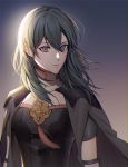  1girl armor black_cape blue_eyes blue_hair byleth_(fire_emblem) byleth_(fire_emblem)_(female) cape closed_mouth fire_emblem fire_emblem:_three_houses gradient gradient_background highres medium_hair mohazzing simple_background solo upper_body 