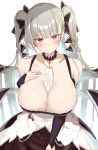  1girl azur_lane bangs bare_shoulders between_breasts black_dress blush breasts cleavage collarbone dress formidable_(azur_lane) frilled_dress frills greatmosu grey_hair hand_on_own_chest highres huge_breasts long_hair looking_at_viewer red_eyes ribbon solo twintails two-tone_dress two-tone_ribbon very_long_hair 