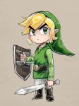  1boy angry belt black_eyes blonde_hair boots clothed clothing eyebrows eyebrows_visible_through_hair hair highres holding holding_shield holding_sword holding_weapon human male male_focus nintendo pointy_ears shield solo solo_focus sword the_legend_of_zelda the_legend_of_zelda:_the_wind_waker the_wind_waker wind_waker 