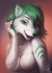  2019 anthro arctic_fox breasts canid canine female fox fur green_eyes green_fur green_hair green_nose hair happy hi_res looking_at_viewer lutti mammal nude open_mouth simple_background smile solo white_fur 