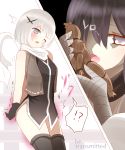 !? /\/\/\ 2girls absurdres bandaged_hands bandages bangs bare_shoulders black_gloves blue_eyes blush breasts commentary_request eyebrows_visible_through_hair gloves grey_eyes grey_hair grey_jacket grey_legwear hair_between_eyes hair_ornament hair_over_one_eye highres holding jacket licking medium_breasts multiple_girls ninja non_(wednesday-classic) one_eye_closed open_clothes open_jacket open_mouth original purple_hair scarf sleeveless sleeveless_jacket spoken_interrobang thighhighs tongue tongue_out trembling voodoo_doll white_scarf 