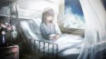  1girl absurdres bed black_hair book cloud cloudy_sky commentary_request drawer flower highres hospital_bed hospital_gown huge_filesize intravenous_drip lliftt long_hair no_eyebrows original reading see-through sitting sky solo vase window yellow_eyes 