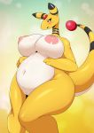  2019 absurd_res ampharos anthro areola barely_visible_genitalia barely_visible_pussy belly big_breasts black_body blush breasts countershading digital_media_(artwork) female forehead_gem front_view hi_res knock-kneed navel nintendo nipples nude pok&eacute;mon pok&eacute;mon_(species) pok&eacute;morph portrait pussy slightly_chubby solo standing tailzkim thick_thighs three-quarter_portrait video_games voluptuous wide_hips yellow_body 