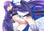  1girl armored_boots bangs blue_eyes blue_ribbon boots crotch_plate fate/extra fate_(series) grin hair_ribbon highres long_hair looking_at_viewer meltryllis navel purple_hair revealing_clothes ribbon sleeves_past_fingers sleeves_past_wrists smile solo thigh_boots thighhighs urio_yusuke very_long_hair 