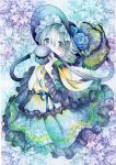  1girl artist_name black_headwear black_ribbon blue_flower blue_rose blush colored_pencil_(medium) commentary_request dated flower frilled_skirt frilled_sleeves frills hat hat_flower hat_ribbon holding komeiji_koishi mosho patterned_background ribbon rose shirt short_hair skirt solo third_eye touhou traditional_media wide_sleeves yellow_ribbon yellow_shirt 