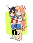  2girls ahoge animal_ears anklet arm_at_side bangs barefoot between_legs black_legwear blue_eyes blue_hair blue_sailor_collar blue_skirt brown_eyes cat_ears cat_girl cat_tail chibi clenched_hand closed_mouth dog_ears dog_girl dog_tail dot_nose dyx_(asdiandyx) expressionless flip_flappers from_side green_background jewelry kemonomimi_mode kokomine_cocona locked_arms long_hair looking_at_viewer multiple_girls neckerchief orange_hair papika_(flip_flappers) pleated_skirt red_neckwear sailor_collar school_uniform serafuku shirt shoes short_hair short_sleeves simple_background skirt standing tail tareme thighhighs tsurime very_long_hair watch white_background white_shirt wristwatch yellow_footwear zettai_ryouiki 