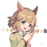  1girl animal_ears bell blue_eyes blush cat_ears child egg fang final_fantasy final_fantasy_xiv fingers_together hair_bell hair_ornament jingle_bell khloe_aliapoh miqo&#039;te open_mouth peachy_michi short_hair signature simple_background solo upper_body white_background 