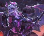 2019 animated anthro armor blonde_hair breasts cleavage clothed clothing digital_media_(artwork) dragon female glowing glowing_eyes hair horn kardie lightning melee_weapon membrane_(anatomy) membranous_wings non-mammal_breasts pink_scales purple_eyes raining scales scalie solo standing sword video_games weapon white_hair wings 