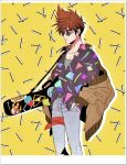  1boy bandana bandana_around_thighs brown_hair cowboy_shot guitar_case hand_in_pocket instrument_case jacket macross macross_7 male_focus mayuki_(ubiquitous) nekki_basara short_hair sunglasses 