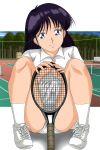  1girl ayukawa_madoka black_hair green_eyes highres kimagure_orange_road kneehighs long_hair looking_at_viewer oldschool panties pantyshot racket shoes sneakers solo sportswear squatting tennis_racket tennis_uniform thighs underwear user_yjyj7757 white_legwear 