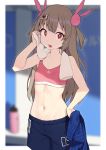  1girl absurdres armpits bare_arms bare_shoulders blue_shorts blurry blurry_background brown_hair bunny_hair_ornament cloba collarbone cowboy_shot depth_of_field hair_ornament hand_on_hip hand_up heart highres holding long_hair looking_at_viewer midriff natori_sana navel open_mouth red_eyes sana_channel shorts solo sports_bra standing sweat towel two_side_up virtual_youtuber 