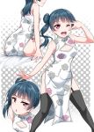  alternate_hairstyle arm_up ass bangs bare_arms bed_sheet black_legwear blue_hair blunt_bangs blush breasts china_dress chinese_clothes cleavage cleavage_cutout dress earrings eyebrows_visible_through_hair garter_straps halftone halftone_background highres jewelry looking_at_viewer love_live! love_live!_sunshine!! multiple_views nail_polish on_bed one_eye_closed open_mouth polka_dot polka_dot_background red_eyes side_ponytail side_slit sitting sitting_on_bed sleeveless sleeveless_dress small_breasts smile thighhighs tsushima_yoshiko upper_teeth v white_dress yopparai_oni 