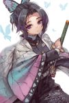  1girl bangs black_hair black_jacket black_pants breasts butterfly_hair_ornament closed_mouth commentary_request dated forehead gradient_hair hair_ornament highres holding holding_sheath holding_sword holding_weapon jacket katana kimetsu_no_yaiba kochou_shinobu long_sleeves medium_breasts multicolored_hair open_clothes pants parted_bangs purple_eyes purple_hair sheath signature simple_background sketch smile solo suzuno_(bookshelf) sword unsheathing weapon white_background wide_sleeves 