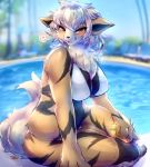  2019 anthro anthrofied arcanine bikini blush breasts canid canine clothing detailed_background female hi_res looking_at_viewer mammal nintendo pok&eacute;mon pok&eacute;mon_(species) sunscreen swimwear tetto video_games 