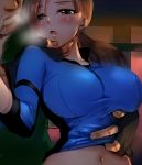  1girl blue_eyes blush breasts brown_hair chris_redfield daijoubu?_oppai_momu? fingernails half-closed_eyes hand_on_another&#039;s_face hat heavy_breathing hetero imminent_kiss jill_valentine large_breasts looking_at_another nagare navel open_mouth resident_evil resident_evil_5 shirt_lift uniform upper_body 