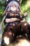  1girl atelier_(series) atelier_ryza bare_shoulders blue_eyes blush bodysuit breasts brown_bodysuit cameltoe day expressionless eyebrows_visible_through_hair eyes_visible_through_hair hair_between_eyes hair_ornament hairclip heterochromia highres large_breasts leaning lila_decyrus long_hair looking_at_viewer low_twintails obaoba_(monkeyix) outdoors red_eyes silver_hair skindentation solo thigh_strap tree twintails very_long_hair 