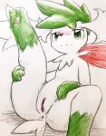  3_toes anus black_nose blush chest_tuft clitoris colored_pencil_(artwork) eiroru female flora_fauna fur green_fur green_paws hi_res legendary_pok&eacute;mon legs_up looking_at_viewer nintendo pawpads pink_pawpads plant pok&eacute;mon pok&eacute;mon_(species) pussy shaymin shaymin_(sky_form) short_tail slightly_closed_eyes snout solo spread_legs spreading toes traditional_media_(artwork) tuft video_games white_fur 