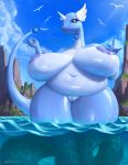  2019 5_fingers anthro anthrofied avian belly big_belly big_breasts blue_body breasts detailed_background dragonair female female_focus fingers hi_res horn huge_breasts looking_at_viewer nintendo nipples nude overweight overweight_female partially_submerged pok&eacute;mon pok&eacute;mon_(species) pok&eacute;morph pussy signature solo_focus taranima video_games water wingull 