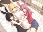  3girls bed black_dress black_hair blonde_hair blue_shorts blush breasts collarbone commentary_request dress elfenlied22 eyebrows_visible_through_hair fate/grand_order fate_(series) hair_between_eyes head_wings hildr_(fate/grand_order) hug large_breasts long_hair looking_at_viewer lying multiple_girls naked_shirt on_back on_bed on_side ortlinde_(fate/grand_order) pink_hair pink_shirt red_eyes shirt short_dress short_hair shorts smile spaghetti_strap thrud_(fate/grand_order) valkyrie_(fate/grand_order) very_long_hair white_shirt window 