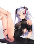  1girl :q absurdres alternate_costume antenna_hair arm_support ass azur_lane bangs black_dress blush bow breasts brown_eyes crossed_legs dress gloves hair_between_eyes hair_bow highres large_breasts long_hair looking_at_viewer multicolored_hair prinz_eugen_(azur_lane) prinz_eugen_(cordial_cornflower)_(azur_lane) reclining red_hair sidelocks silver_hair smile solo streaked_hair telru thighs tongue tongue_out two_side_up very_long_hair 