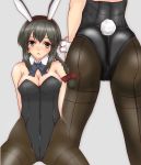  1girl absurdres alternate_breast_size alternate_costume animal_ears ass bare_shoulders black_eyes black_hair blush braid breasts bunny_girl bunny_tail bunnysuit cleavage fake_animal_ears grey_background highres isonami_(kantai_collection) kantai_collection long_hair looking_at_viewer medium_breasts multiple_views sakami_senka sidelocks simple_background tail 