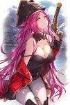  1girl arm_support bare_shoulders belt blue_eyes blush boots breasts brown_tank_top cleavage commentary facial_scar fate/grand_order fate_(series) francis_drake_(fate) green_eyes gun hat highres holding holding_gun holding_weapon jacket large_breasts long_hair looking_at_viewer off_shoulder open_mouth pants pink_hair pirate_hat purple_hair red_jacket rin_yuu scar sitting smile solo strap_slip tank_top thigh_boots thighhighs trigger_discipline very_long_hair weapon white_pants 