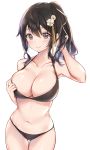  1girl armpits bangs bare_arms bare_shoulders bikini black_bikini black_eyes black_hair breasts cleavage closed_mouth collarbone cowboy_shot cuna_(qunya) flower groin hair_between_eyes hair_flower hair_ornament halter_top halterneck hand_in_hair hand_on_own_chest hand_up highres large_breasts long_hair looking_at_viewer navel original ponytail sidelocks simple_background smile solo standing stomach swimsuit thigh_gap thighs white_background white_flower 
