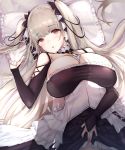  1girl azur_lane bangs bare_shoulders between_breasts black_dress blush breasts cleavage dress dress_lift eyebrows_visible_through_hair formidable_(azur_lane) frilled_dress frills grey_hair hair_ribbon highres jewelry large_breasts lifted_by_self long_hair long_sleeves looking_at_viewer lying mappaninatta on_back open_mouth pillow pillow_grab pov red_eyes ribbon solo_focus sweatdrop twintails two-tone_dress 