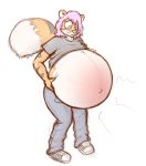  2014 anthro belly big_belly clothing felid feline hyper hyper_belly hyper_pregnancy male male_pregnancy mammal navel pantherine pregnant simple_background solo theheliumtiger tiger white_background 