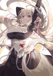  1girl arms_up azur_lane bangs bare_shoulders between_breasts black_dress blush breasts cleavage dress earrings eyebrows_visible_through_hair flight_deck floating_hair formidable_(azur_lane) frilled_dress frills grey_hair hair_ribbon highres jewelry large_breasts long_hair long_sleeves looking_at_viewer parted_lips red_eyes ribbon rigging simple_background solo turkey_(weave7769) twintails two-tone_dress two-tone_ribbon very_long_hair white_background 