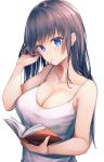  1girl absurdres bangs black_hair blue_eyes blush book breasts cleavage collarbone gu_luco hair_tucking highres holding holding_book large_breasts long_hair looking_at_viewer open_book original simple_background solo stick tank_top white_background 