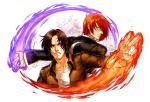  2boys bangs brown_eyes brown_hair fingerless_gloves fire gloves hair_over_one_eye highres jacket jewelry kusanagi_kyou leather leather_jacket male_focus multiple_boys parted_bangs purple_fire pyrokinesis red_hair ring smile spade-m the_king_of_fighters yagami_iori 