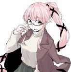  :d bespectacled breasts brown_coat coat eyebrows_visible_through_hair glasses green_eyes grey_skirt hair_flaps jacket_on_shoulders kantai_collection long_hair medium_breasts open_mouth pink_hair pleated_skirt ponytail red-framed_eyewear rindou_(rindou_annon) semi-rimless_eyewear simple_background skirt smile sweater turtleneck turtleneck_sweater upper_body very_long_hair white_background white_sweater yura_(kantai_collection) 