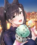  1girl :d animal_ears atago_(azur_lane) azur_lane bangs black_hair blurry blurry_background blush breasts brown_eyes dress dusk extra_ears eyebrows_visible_through_hair food giving hair_ribbon highres holding holding_food ice_cream ice_cream_cone large_breasts long_hair looking_at_viewer mappaninatta mole mole_under_eye open_mouth outdoors pov purple_dress ribbon smile solo swept_bangs twintails white_ribbon 