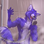  1:1 2019 5_fingers anthro black_nose canid canine digital_media_(artwork) eyes_closed fingers fox fur holding_object koul male mammal navel nude open_mouth purple_fur shower showering singing smile solo teeth tongue water wet wet_fur 