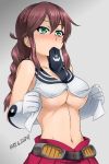  1girl akito_(sub707) bangs belt blush braid breasts brown_hair cleavage commentary_request gloves green_eyes grey_background highres kantai_collection long_hair navel necktie necktie_in_mouth noshiro_(kantai_collection) open_clothes open_shirt opened_by_self pleated_skirt red_skirt school_uniform serafuku simple_background skirt solo swept_bangs twin_braids twitter_username underboob upper_body white_gloves 