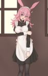  1girl :d alternate_costume apron black_dress black_legwear blush breast_hold breasts commentary_request dress elfenlied22 enmaided eyebrows_visible_through_hair fate/grand_order fate_(series) hair_between_eyes head_tilt head_wings hildr_(fate/grand_order) large_breasts long_dress long_hair looking_at_viewer maid maid_apron maid_headdress open_mouth pantyhose pink_hair red_eyes smile solo valkyrie_(fate/grand_order) white_apron white_headwear window 