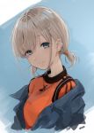  1girl blonde_hair blue_background blue_eyes blue_jacket character_request copyright_request hair_ornament hairclip jacket looking_at_viewer low_twintails orange_shirt shirt short_hair short_twintails simple_background smile solo takeashiro twintails upper_body 