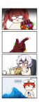  2girls diaoxian_kuangmo glasses highres honkai_(series) honkai_impact_3rd infinity_gauntlet infinity_gems multiple_girls open_mouth red_hair scared short_hair smile snapping_fingers stunned_silence theresa_apocalypse twintails white_hair 