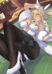  1girl alternate_color animal_ears arm_up artoria_pendragon_(all) artoria_pendragon_(swimsuit_ruler)_(fate) ass bangs bare_shoulders black_legwear blonde_hair blue_neckwear blush braid breasts bunny_ears bunnysuit casino_card_table cleavage detached_collar fate/grand_order fate_(series) feather_boa french_braid green_eyes gun hair_between_eyes highleg highleg_leotard highres holster large_breasts legs leotard long_hair looking_at_viewer navel_cutout pantyhose solo srsojiro thigh_strap thighs weapon white_leotard wrist_cuffs 
