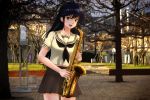  1girl ayukawa_madoka black_hair genya_(genya67) green_eyes happy highres instrument kimagure_orange_road long_hair looking_at_viewer oldschool outdoors park saxophone school_uniform solo 