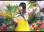  1girl against_wall bangs bare_arms bare_shoulders black_hair blunt_bangs blurry blurry_foreground blush breasts camellia closed_mouth commentary english_commentary eyebrows_visible_through_hair fingernails flower flower_request frilled_shirt frills green_eyes grey_background happy holding holding_flower kusaka_kou leaf letterboxed light_rays long_hair long_skirt looking_away medium_breasts off_shoulder orange_flower original plant purple_flower red_flower shadow shiny shiny_hair shirt simple_background skirt smile solo standing sunbeam sunlight tree_branch tulip upper_body wall white_shirt yellow_flower yellow_skirt 