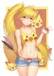  1girl anarchojs arm_behind_back bare_shoulders belt blush breasts collarbone commentary_request denim eyebrows_visible_through_hair hat highres holding holding_hat jeans long_hair medium_breasts navel pants pikachu poke_ball pokemon pokemon_special ponytail short_shorts shorts smile solo straw_hat sun_hat very_long_hair yellow_(pokemon) yellow_eyes 