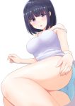  1girl :o arm_support ass bangs bare_shoulders black_hair blue_panties blunt_bangs blush bob_cut breasts camisole collarbone crotch_seam eyebrows_visible_through_hair furutori hand_on_own_thigh highres legs_together looking_at_viewer medium_breasts original panties purple_eyes reclining simple_background sleeveless solo strap_slip twisted_torso underwear 