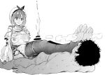  1boy 1girl atelier_(series) atelier_ryza azukiko blush boots breasts censored cum ejaculation femdom foot_on_face full-face_blush girl_on_top greyscale hair_ornament hairclip hat medium_breasts monochrome nipples penis reisalin_stout shorts simple_background sitting sitting_on_person smelling_feet solo steaming_body sweat thighhighs thighs toeless_boots white_background 
