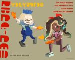  2girls album_cover alpha_gamboa black_hair blonde_hair blue_shirt bow commentary cosplay cover crown dark_skin dire_straits gloves gradient_hair harv_(dire_straits) harv_(dire_straits)_(cosplay) hime_(splatoon) iida_(splatoon) inkling_(language) long_hair looking_at_viewer medium_hair mole mole_under_mouth money_for_nothing multicolored_hair multiple_girls octarian one_knee overalls parody sal_(dire_straits) sal_(dire_straits)_(cosplay) shirt smile splatoon_(series) splatoon_2 striped striped_shirt tentacle_hair 