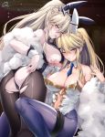  2girls animal_ears artoria_pendragon_(all) artoria_pendragon_(lancer_alter) artoria_pendragon_(swimsuit_ruler)_(fate) artoria_pendragon_(swimsuit_ruler)_(fate)_(cosplay) ass bangs bare_shoulders black_leotard blonde_hair blue_legwear blue_neckwear blush braid breasts bunny_ears bunny_tail bunnysuit cleavage cosplay detached_collar fate/grand_order fate_(series) feather_boa fishnet_pantyhose fishnets french_braid green_eyes highleg highleg_leotard highres horns large_breasts leotard long_hair looking_at_viewer multiple_girls navel_cutout necktie obiwan pantyhose ponytail sideboob sidelocks sitting smile tail thigh_strap thighs tiara torn_clothes torn_legwear white_leotard wrist_cuffs yellow_eyes 