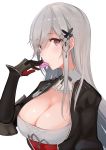  1girl azur_lane bangs breasts butterfly_hair_ornament cleavage corset detached_collar dunkerque_(azur_lane) eating eyebrows_visible_through_hair eyes_visible_through_hair food from_side gloves grey_hair hair_ornament hair_over_one_eye highres large_breasts long_hair long_sleeves looking_at_viewer macaron mappaninatta red_eyes sidelocks simple_background solo sweets white_background 
